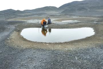 Marc Shallenberg samples from a pond.Photo: Roger Summons