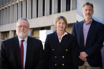 The new MIT Materials Research Laboratory (MRL) will streamline the organization of materials research on campus and enhance collaboration, Vice President for Research Maria Zuber (center) says. To Zuber’s left is MRL Director Carl Thompson, th...