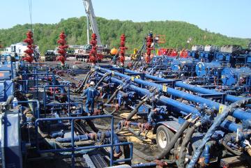 Hydraulic fracturing is an industrial process in which a mixture of water, sand, and chemicals is injected into a well at rates of up to 4,000 gallons per minute, at pressures up to 10,000 pounds per square inch.Photo: Robert L. Kleinberg