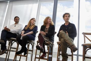Panelists discuss projects that use MIT as a test bed: (l-r) Associate Professor Kripa Varanasi; Institute for Data, Systems, and Society PhD Student Rachel Perlman; Office of Development, Health and Safety Associate Director Pamela Greenley; an...