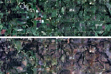 
              Two views of cropland affected by a 2022 drought in northeastern Oklahoma City, one on June 14 (left) and the other on July 20. “This image shows a compelling story that the Oklahoma City drought destroyed crops in just around 3...