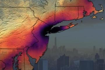 
              A map of the NYC tri-state area showing the average tropospheric NO2 concentrations prior to the March 2020 Covid-19 stay-at-home measures, superimposed over the hazy NYC skyline.
              Image courtesy of NASA
      