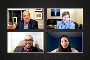 
              Event speakers included (clockwise from top left) Provost Martin Schmidt, Vice President for Research Maria Zuber, linguistics graduate student Annauk Denise Olin, and faculty member Asegun Henry. 
          