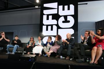 Left to right: LinkedIn co-founder Reid Hoffman and Media Lab Director Joi Ito joined Disobedience Award finalists Phyllis Young and LaDonna Brave Bull Allard; Betina Kaplan and Lorgia García-Peña; and James Hansen; along with winners Marc Edward...