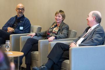 As part of MIT Climate Night, MIT Vice President for Research Maria Zuber (center) talks with John Fernández, director of the MIT Environmental Solutions Initiative (left) and Robert Armstrong, director of the MIT Energy Initiative, about thei...