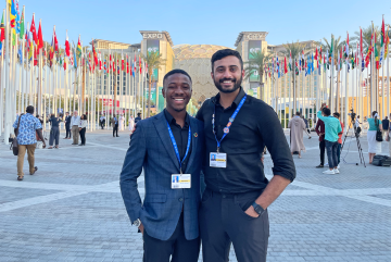 
              Two of MIT’s student delegates at COP28: Runako Gentles (left), an undergraduate in civil and environmental engineering (CEE), and Shiv Bhakta (right), a graduate student in the Leaders for Global Operations dual degree progra...