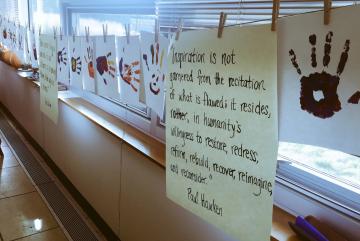 
              Painted handprints and inspirational quotes greeted participants in a workshop about humans' impacts on the environment, both positive (handprints) and negative (footprints). The workshop featured a talk by MIT’s Gregory Norris. 
 ...