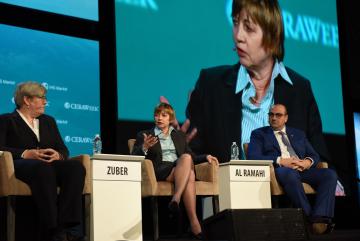 MIT Vice President for Research Maria Zuber takes part in a panel on post-Paris Agreement climate and energy strategies at CERAWeek 2017 in Houston, Texas.Photo: Greg Hamill