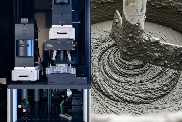 A confocal Raman microscope (left) tracks the chemical evolution of CO₂-injected cement paste samples over 24 hours; the custom stage's quartz window enables the laser to scan from below. Cement paste is the basis for fresh concrete, as pictured at right; CO₂-injected concrete is gaining commercial traction as a material that permanently stores carbon dioxide.