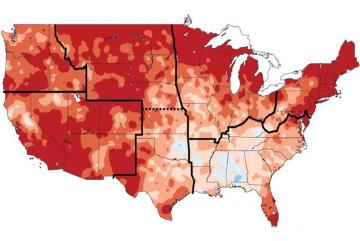 A new study reports global-warming-attributed trends in monthly-averaged maximum daily temperature for every U.S. state. Shown here are temperature changes (highest increases in deeper red and dark orange) between 1991 and 2012 compared to the average temperature between 1901 and 1960. 