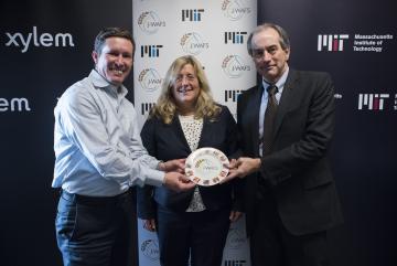 Left to right: Xylem CEO Patrick Decker, MIT Associate Provost Karen Gleason, and J-WAFS Director John Lienhard celebrate the signing of the J-WAFS Research Affiliate agreement.Photo: David Sella