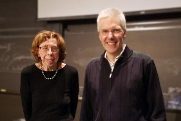Audrey Buyrn (left) congratulates Raffaele Ferrari on his MIT School of Science Ally of Nature Fund Award.Photo: Lauren Hinkel