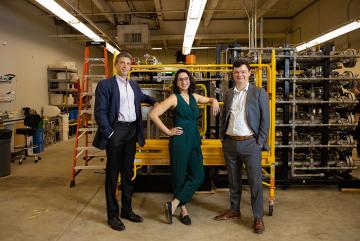 
              Shreya Dave PhD ’16 (center) co-founded Via Separations with Professor Jeffrey Grossman (left) and Brent Keller PhD ’16. 
              Photo courtesy of Shun Liang/Via Separations.
      