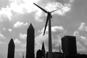 A wind turbine on the coast of Lake Erie in Cleveland, Ohio Photo: Sam Bobko/Flickr