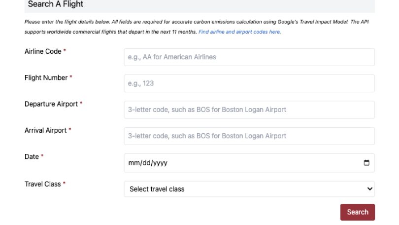 Flight search form for carbon emissions calculation. Fields include airline code, flight number, departure/arrival airports, date, class, and a search button.