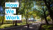 image of green trees and campus walkway with "HOW WE WORK" typed over
