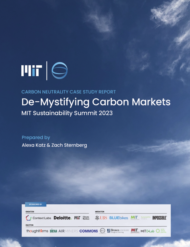 Report cover with title CARBON NEUTRALITY CASE STUDY REPORT De-Mystifying Carbon Markets MIT Sustainability Summit 2023 with blue sky and clouds in the background and a list of conference sponsors at the bottom
