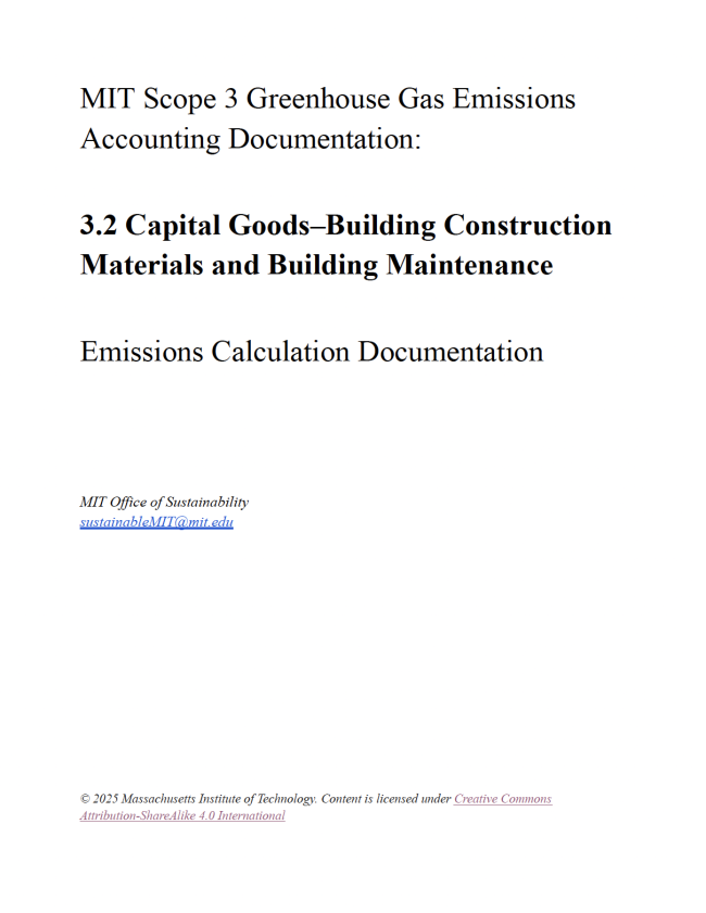 Cover page for MIT Scope 3 Greenhouse Gas Emissions documentation on capital goods, building materials, and maintenance. Emissions calculation details, MIT Office of Sustainability contact info, and Creative Commons license noted