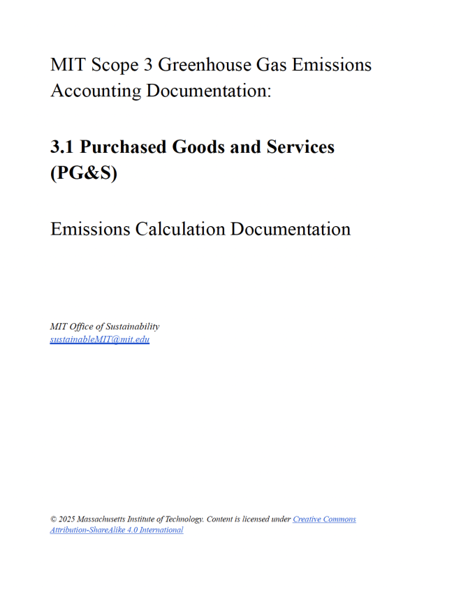 Cover page titled 'MIT Scope 3 Greenhouse Gas Emissions Accounting Documentation: 3.1 Purchased Goods and Services.' Includes contact info for MIT Office of Sustainability and a Creative Commons license note.
