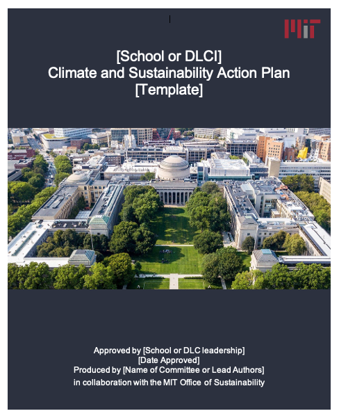 Aerial view of a university campus with a large domed building, surrounded by green trees and city buildings. Text says School or DLCI Climate and Sustainability Action Plan Template