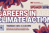 Promotional image for a "Careers in Climate Action" event by MIT and Harvard. Bold red and white text, floral graphics, and event details with a QR code.